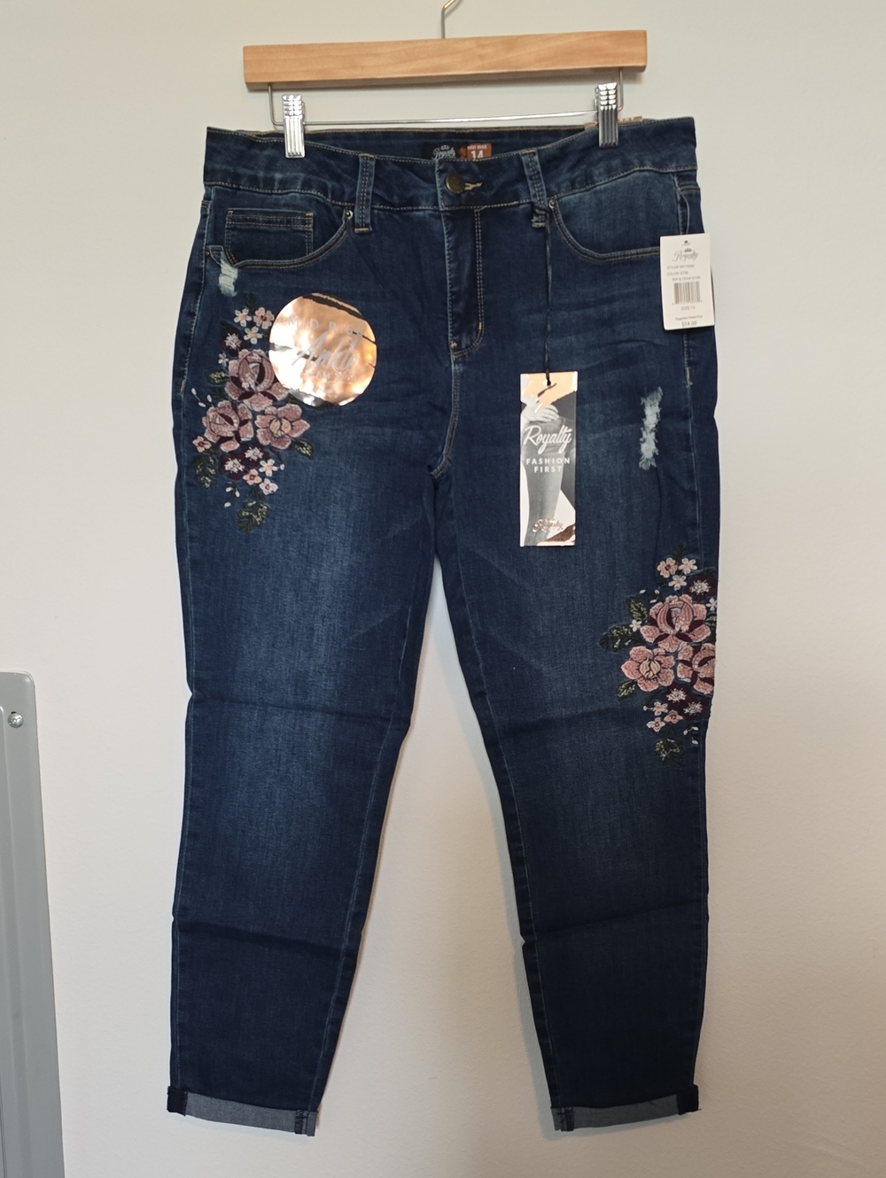 NWT Royalty For Me Dark Indigo Boyfriend Jeans with Pink Floral Appliqué